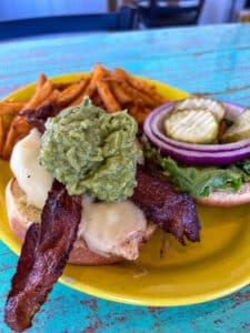 The Cool Chick 14.99 grilled chicken, melted swiss cheese, bacon, guacamole & avocado ranch, served with fries